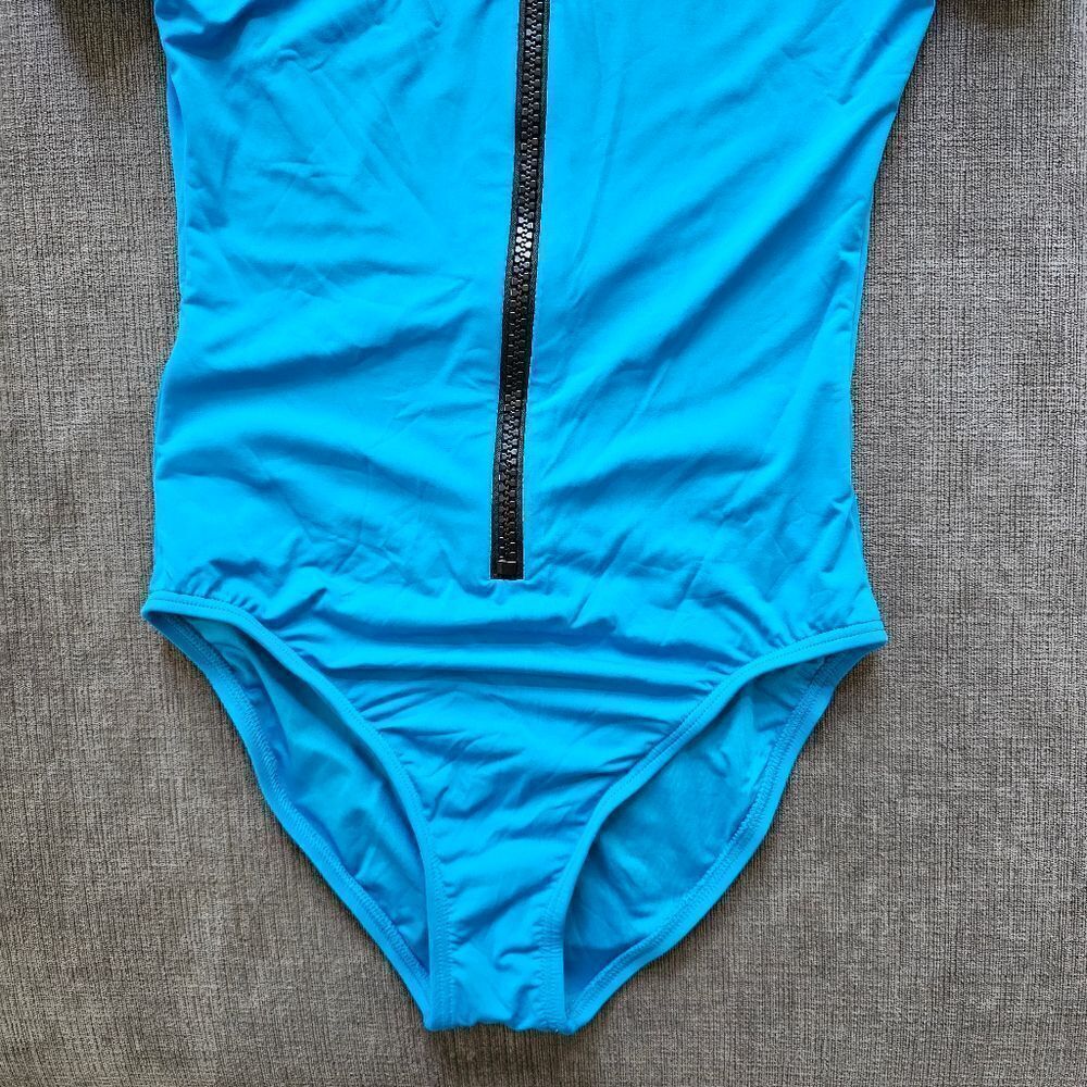Michael Kors Blue Rashguard Short Sleeve Front Zip One-Piece Swimsuit size 10 - Picture 9 of 11